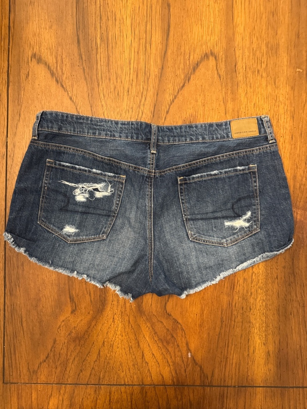 American Eagle Tomgirl Shortie Distressed Dark Blue Denim Jean Shorts - Picture 4 of 6